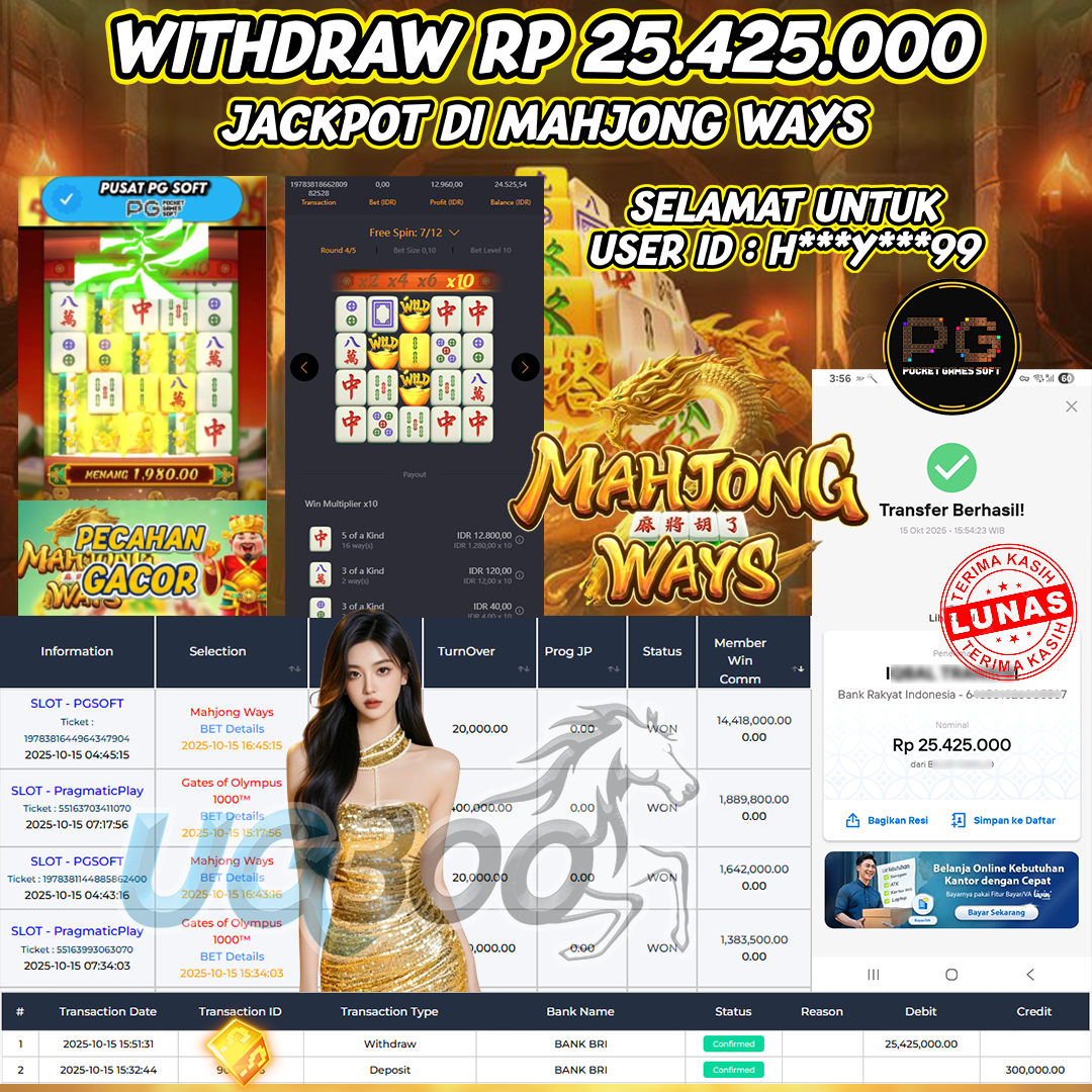 UG300 BERMAIN DI MAHJONG WAYS JACKPOT  Rp.25,425,000- DI BAYAR TUNTAS